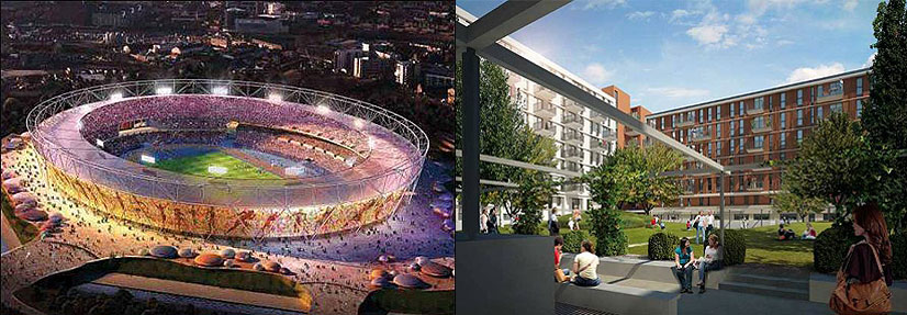 Shots of the London Olympic Stadium and Olympic Village
